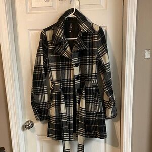 Ashley By 26 International Black and Cream Plaid Trench Coat